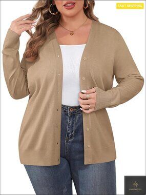 Plus Size Cardigan Open Front V Neck Long Sleeve Lightweight Comfy Sweater